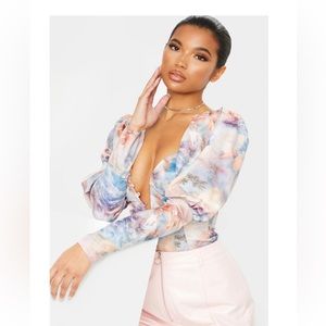 PLT Puff sleeve crop top, v cut, blue & pink, size 2 (small)